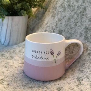 Lavender Pink Ceramic 'Good Things Take Time' Coffee Mug 16 oz NWT
